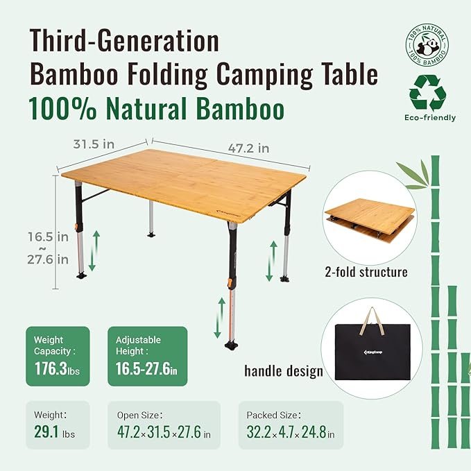 KingCamp Bamboo Folding Table, 4-Fold Camping Adjustable Height Portable Outdoor Lightweight & Compact Table with Aluminum Frame for RV Picnic BBQ Tailgating