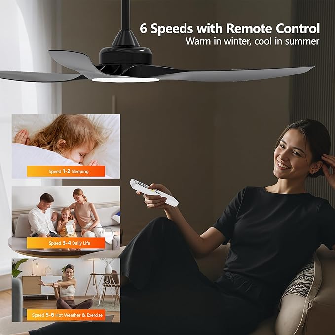 52 Inch Ceiling Fan with Light and Remote, 3 Blades, Quiet DC Motor, Reversible Fan with Dimmable LED Light, for Bedroom Living Room, Black