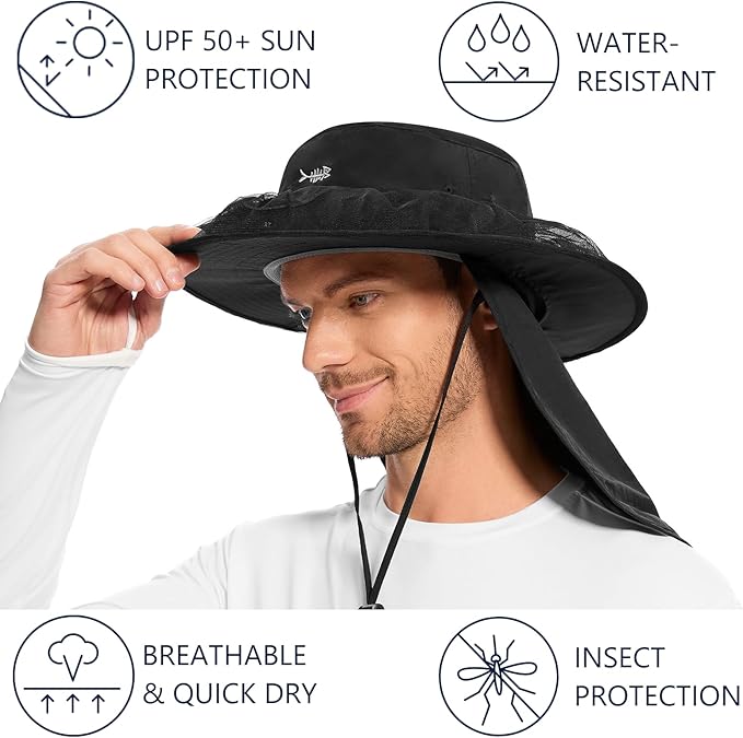 BASSDASH UPF 50+ Mosquito Net Hat with Stowable Neck Flap for Men Women Outdoor Fishing Hiking Camping Gardening FH17