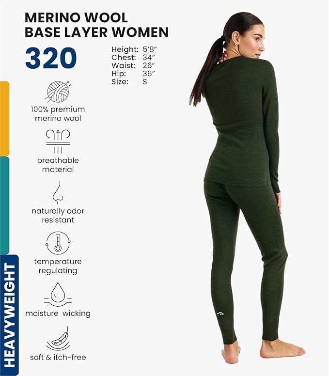 Merino.tech Merino Wool Base Layer Women Set - Heavyweight, Lite, Midweight Merino Thermal Underwear For Women Top, Bottom
