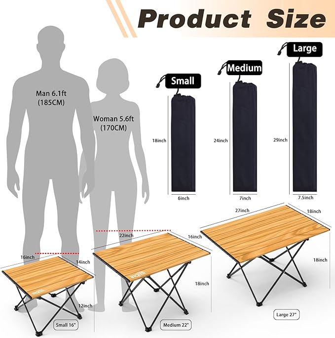 Portable Camping Table, Compact Camping Side Table with Carrying Bag, Ultralight Aluminum Beach Table Folding for Hiking, Camping, Picnicking, BBQ, Outdoor Cooking (Wood Medium 22")