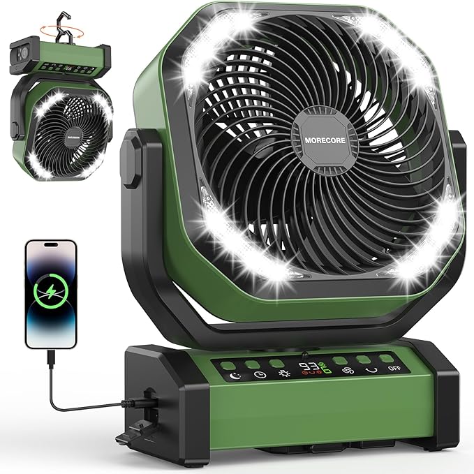MORECORE 20000mAh Rechargeable Camping Fan with Light, 112HRS Running, 8-Speed, Auto Oscillating, Timer, LED Digital Display, 270°Pivot with Hook for Tent RV Emergency Garage-Army Green