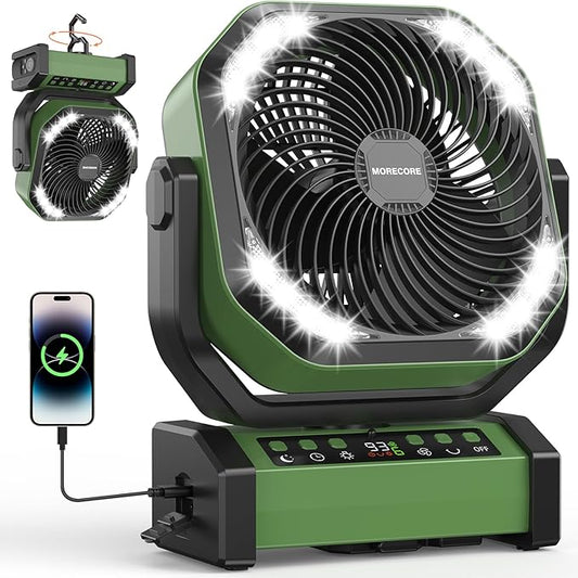 MORECORE 20000mAh Rechargeable Camping Fan with Light, 112HRS Running, 8-Speed, Auto Oscillating, Timer, LED Digital Display, 270°Pivot with Hook for Tent RV Emergency Garage-Army Green