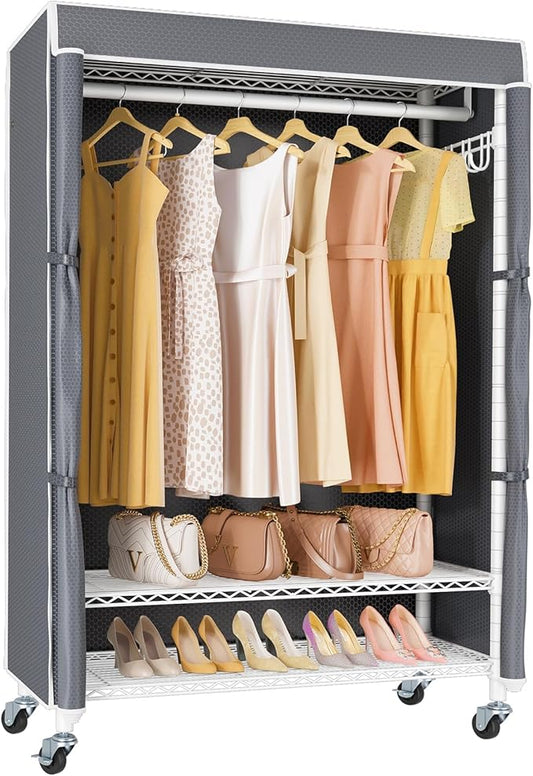VIPEK R3C Portable Closet with Cover - Heavy Duty Freestanding Clothes Rack with Wheels & Hanging Rod & Side Hooks, 36.6" Lx17.3 Wx72.4 H, White Rack with Grey Upgraded Polyester Cover
