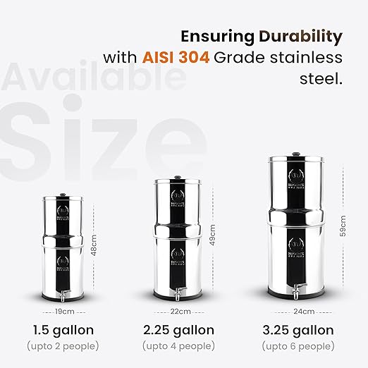 1.5 Gallons NSF Certified AISI 304 Stainless Steel Water Filter with 2 Smart Carbon (Black) Filters, 2 POSTreat Steel Fluoride Removal Elements, Free Steel Stand & Water Spigot