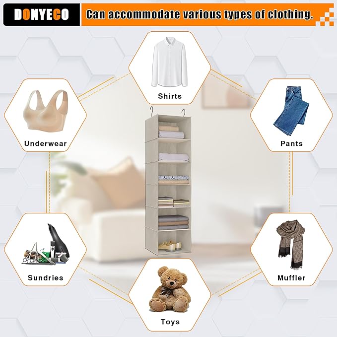 Hanging Closet Organizer, Easy Mount Foldable 6-Shelf Hanging Closet Wardrobe Storage Shelves, Clothes Handbag Shoes Accessories Storage, Imitation Linen Fabric, Beige Houndstooth