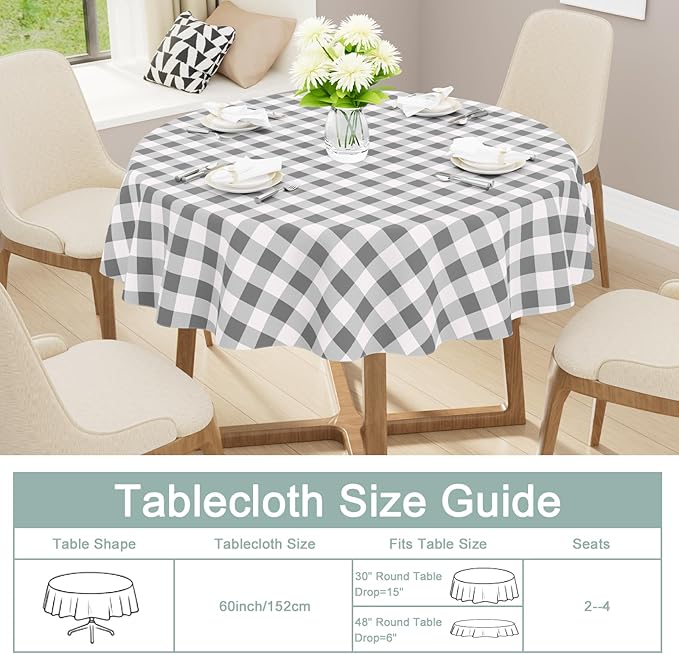 misaya Round Waterproof Vinyl Table Cloth, Buffalo Flannel Backed Tablecloth, Wipeable Plastic Table Cover for Dinner, Kitchen, Picnic (60", Grey and White)