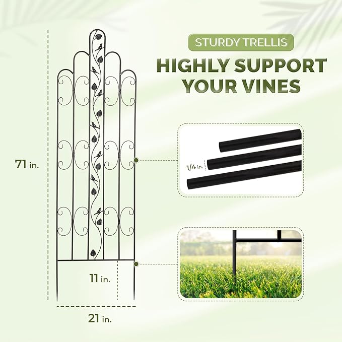 Idzo 71 in. Decorative Metal Trellis for Climbing Plants Outdoor, Heavy-Duty Steel Garden Trellis with Durable Powder Coating, Black Bird Pattern