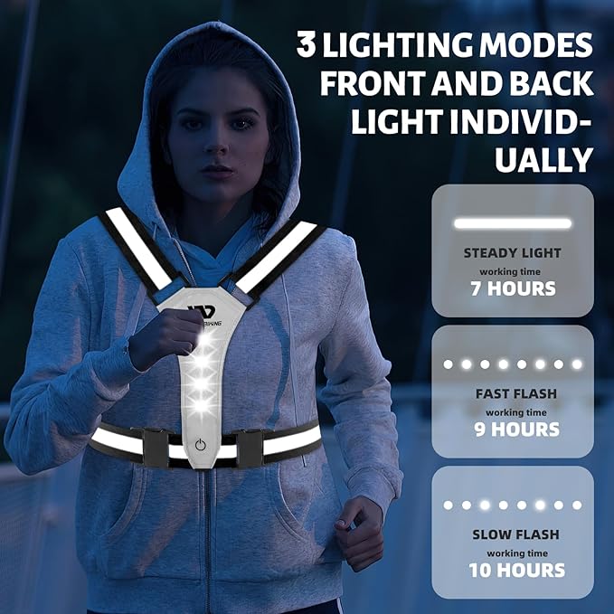 West Biking Running Vest Light - Led Running Reflective Gear for Walking at Night, High Visibility Night Rechargeable Light Up Running Vest, Adjustable Running Lights for Runners