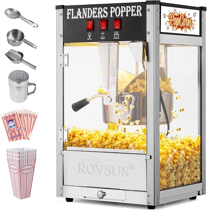 ROVSUN Popcorn Machine with 8 Ounce Kettle Makes Up to 32 Cups ETL Certified, Countertop Popcorn Maker Commercial Popcorn Machine Movie Theater Style w/Scoop, Oil Spoon & 3 Popcorn Cups, Black