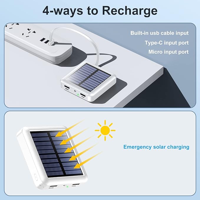 Solar Power Bank 12000mAh,Small Solar Charger Built in 4 Cables,USB C Input/Output,Dual Flashlight External Battery Portable Charger Power Bank for iPhone,Tablet,Samsung