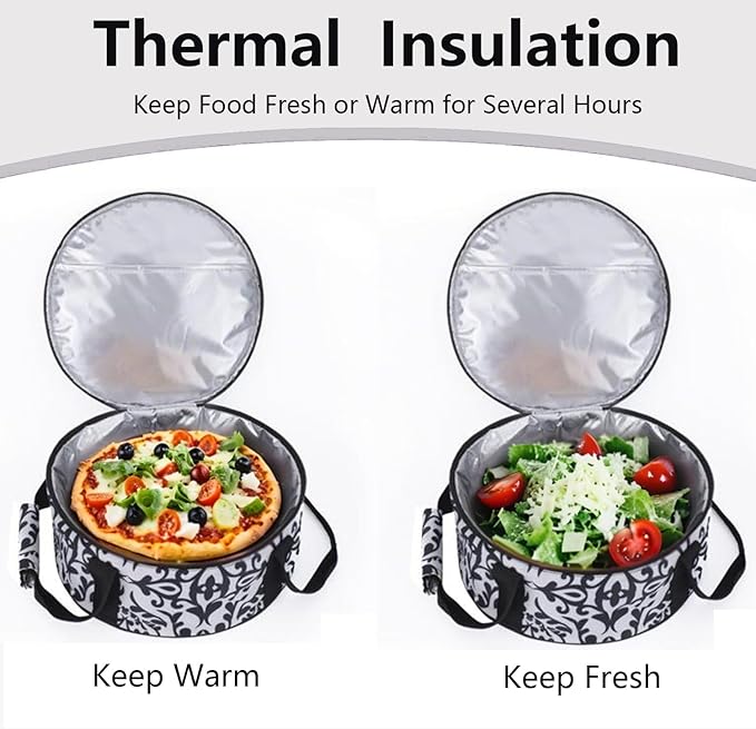 Round Portable Insulated Thermal Dish Carrier Bag for Pie and Cake Transport to Keep Food Hot/Cold/Fresh for Lunch, Potlucks Parties Gathering,Cookouts,Church Dinner,Outdoor Events-Black