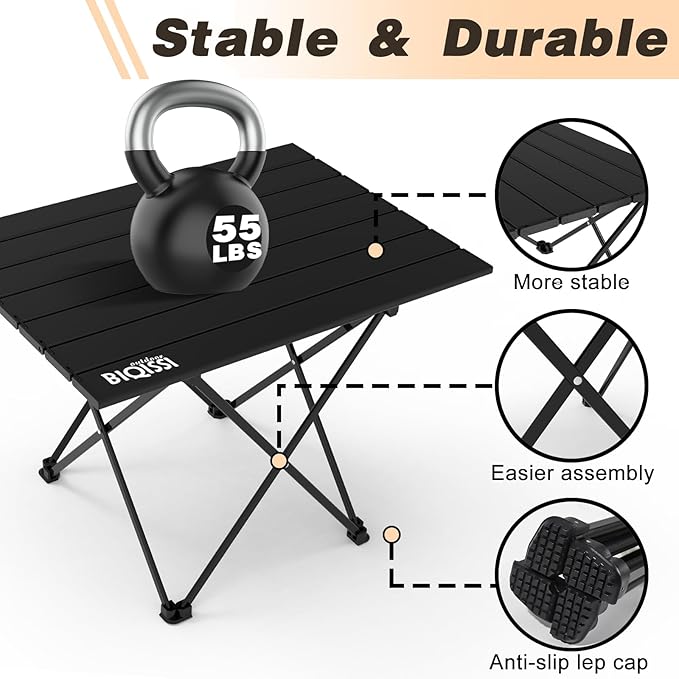 Portable Camping Table, Compact Camping Side Table with Carrying Bag, Ultralight Aluminum Beach Table Folding for Hiking, Camping, Picnicking, BBQ, Outdoor Cooking (Black Medium 22")
