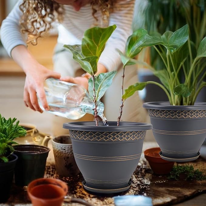 10 Inch 4 Pack Large Plant Pots, Plastic Flower Pot for Indoor & Outdoor with Drainage Holes & Saucer, Plaid Pattern Planters Garden Pots for Herbs