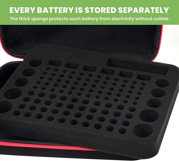 Battery Organizer Storage Holder Case Box with Tester Checker BT-168. Holds 136+ Batteries AA AAA C D Cell 9V 3V Lithium (Red)