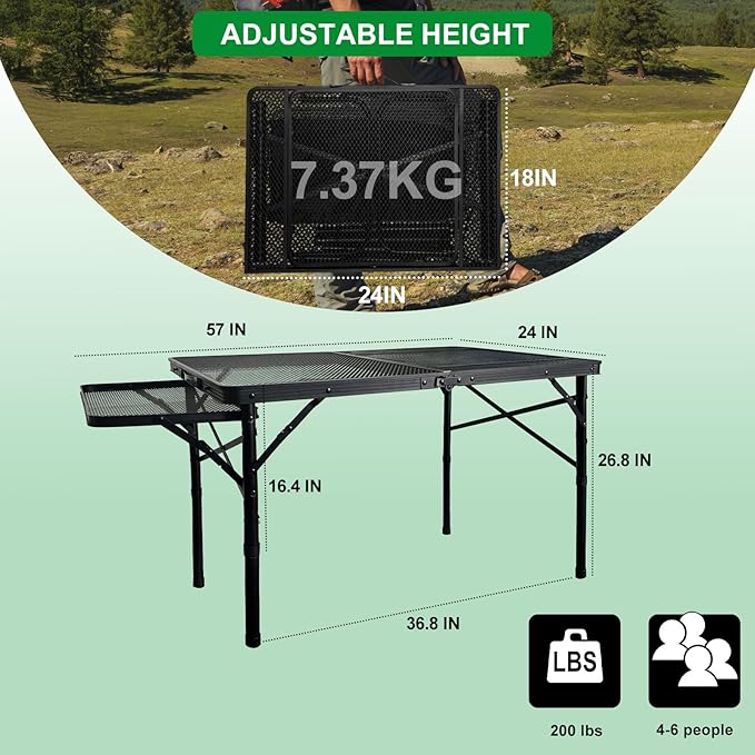 4ft Folding BBQ Table with Wing Plate, Height Adjustable Metal Table with Small Charcoal Grill, Portable Outdoor Table Removable to Two Tables (Bright Black)