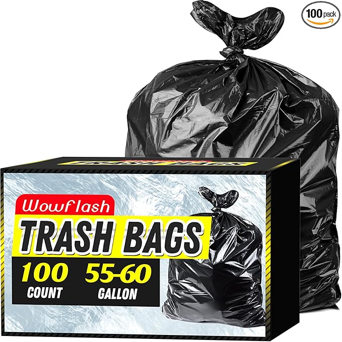 100 Count 55-60 Gallon Trash Bags, Sturdy & Tear-Resistant Commercial Can Liners 55 Gallon, Large Garbage Bags, Large Black Trash Bags for Commercial, Lawn and Leaf Bags