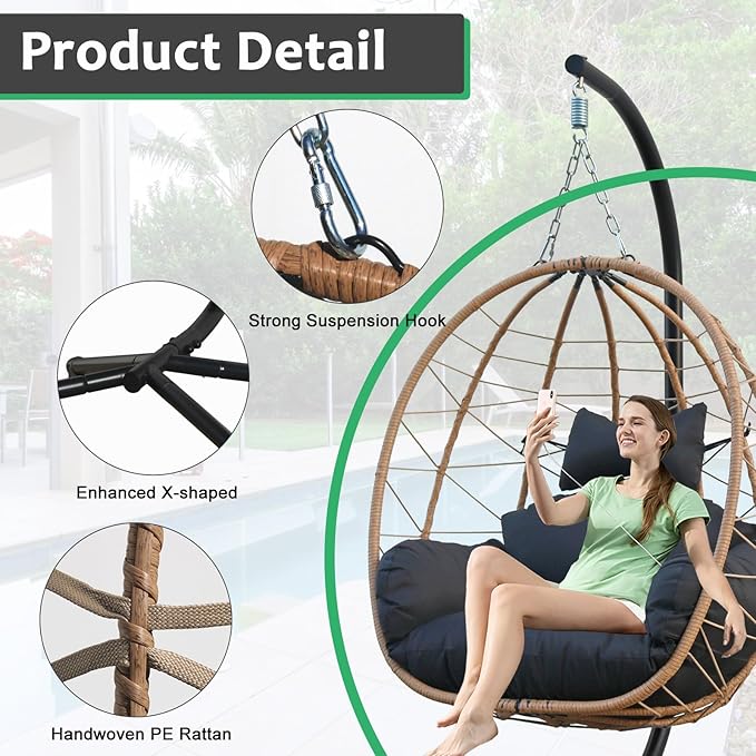 Egg Chair with Stand, Uv-Proof Pe Wicker Hanging Chair for Outdoor Patio, Cushioned Hammock Swing for Bedroom Garden Indoor/Outdoor, Double-Zipper Structure Hanging Egg Chair (Yellow and Black)