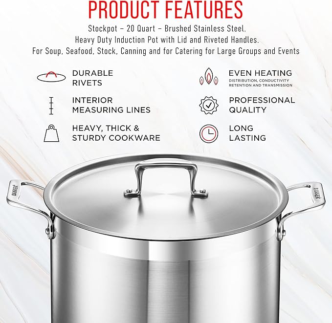 Stockpot – 20 Quart – Brushed Stainless Steel – Heavy Duty Induction Pot with Lid and Riveted Handles – For Soup, Seafood, Stock, Canning and for Catering for Large Groups and Events by BAKKEN