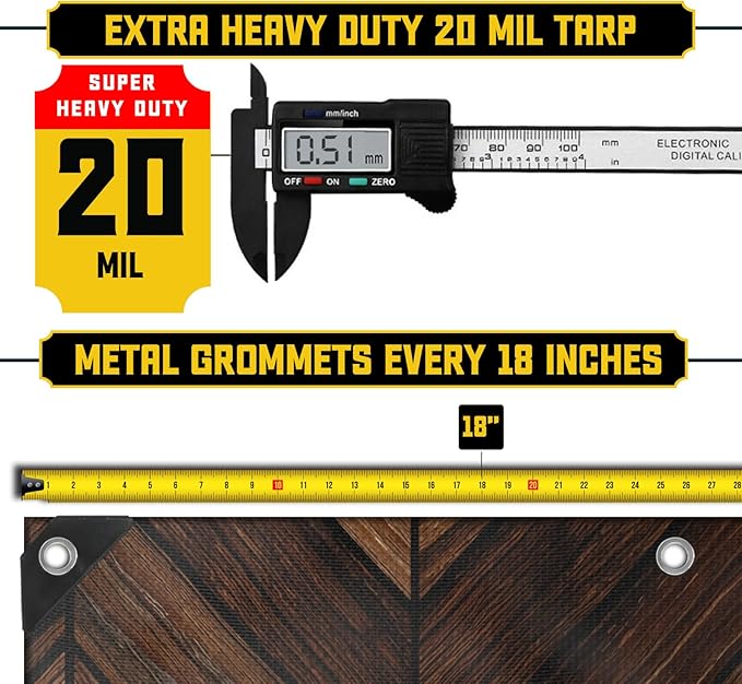 Core Tarps Extreme Heavy Duty 20 Mil Tarp Cover, Waterproof, UV Resistant, Rip and Tear Proof, Poly Tarpaulin with Reinforced Edges for Roof, Camping, Patio, Pool, Boat (Brown Wood/Black 12′ X 25′)