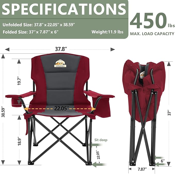 Oversized Folding Camping Chairs - 450 LBS Support Heavy Duty Camp Chair with Padded Cushion, Portable Outside Chairs with Carry Bag，Cooler, Cup Holder for Outdoor, Lawn, Sports - Red