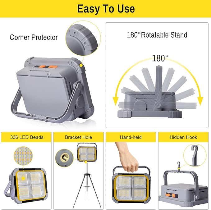 ERAY LED Work Light with 4 Solar Panel, 150W 12000mAH Rechargeable Worklight with 336 LED Beads/4 Modes/IP64/Stepless Dimming, Portable Job Site Light for Emergency Workshop（Grey