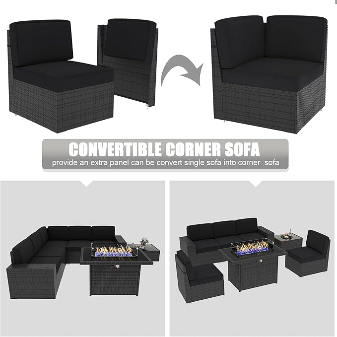 LayinSun 7 Pieces Outdoor Patio Furniture Set with 44" Fire Pit Table Rattan Sectional Sofa Conversation Sets