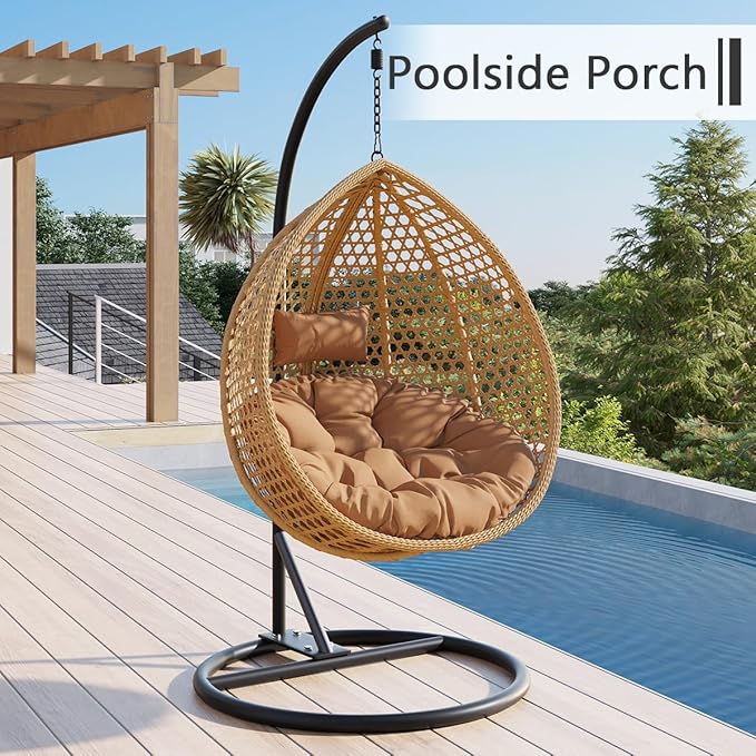 JUFU Egg Swing Chair with Stand,Hanging Egg Chair Indoor Outdoor,Hammock Hanging Basket Chair with Aluminum Steel Frame，Patio Egg Chair with Removable Cushions for Patio Balcony Backyard,Bedrooms