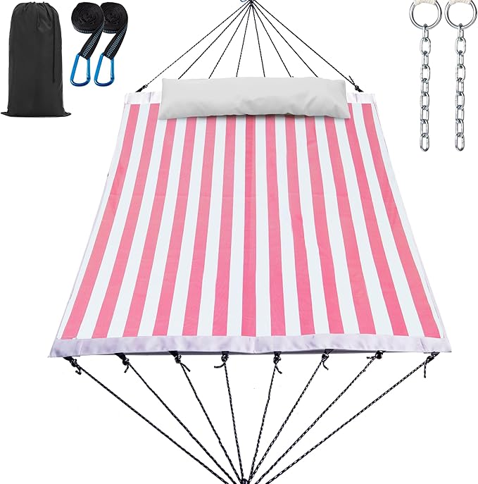 14ft Two Person Outdoor Hammock, Portable Camping with Folding Steel Spreader Bar, Carrying Bag, Carabiners, Tree Straps, Pillow & Sidebag, Quick Dry Textilene Fabric, 550 lbs Capacity (Blush)
