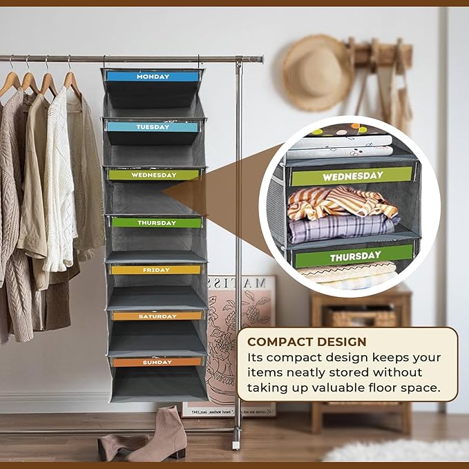 7 Shelves Hanging Closet Organizer, a Shelf for Every Day of The Week, Foldable Hanging Storage with Side Pockets, Clothes Storage for Bedroom, Weekly Clothes Organizer for Kids