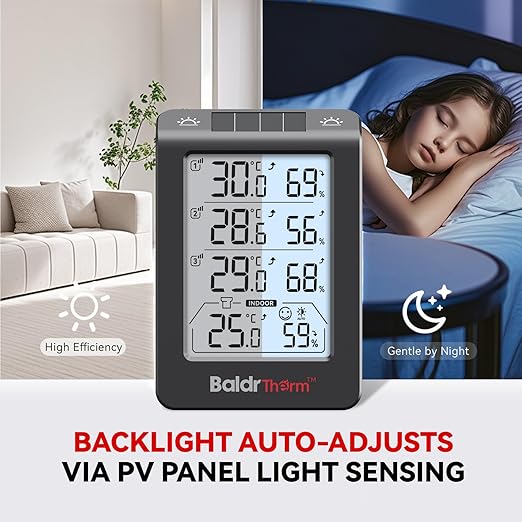 Solar Photosensitive Three Channel Thermo-Hygrometer, Wireless Temperature & Humidity Monitor with 330ft Range, 4.8" Digital Display, Smart Backlight, Real-Time Alerts, Black