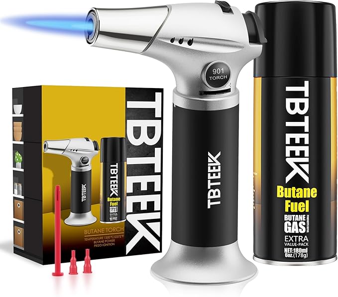 TBTeek Torch Lighter with Butane Included, Kitchen Torch Creme Brulee Torch with 180 ml Butane Fuel Refill, Safety Lock & Adjustable Flame for Cooking, BBQ, Baking, Creme, DIY Soldering (1 Can)