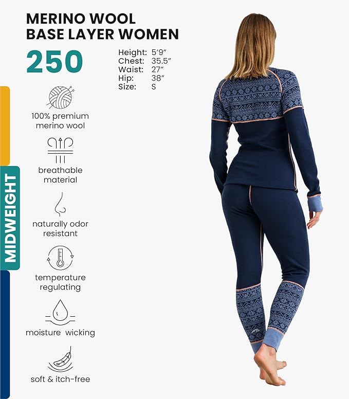 Merino.tech Merino Wool Base Layer Women Set - Heavyweight, Lite, Midweight Merino Thermal Underwear For Women Top, Bottom