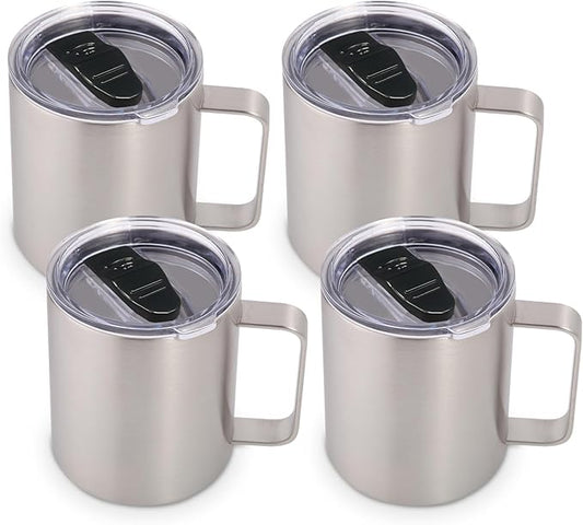 Volhoply 14oz Insulated Stainless Steel Coffee Mug with Lid Bulk 4 Pack,Double Wall Vacuum Travel Coffee Cup with Handle,Reusable Metal Cups Tumbler,Camping Mugs Keep Hot,Ideal Gifts(Silver,4)