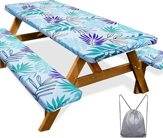 Picnic Table Cover with Bench Covers Camping Essentials Waterproof Windproof Camping Tablecloth with Drawstring Bag, Fitted Rectangle Tables and Seats, 72in, Light Green Blue