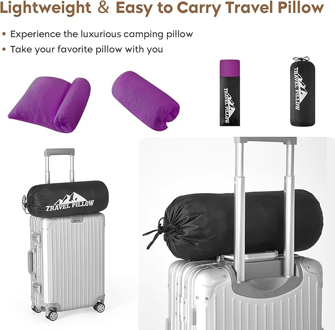 Small Shredded Memory Foam Pillow, Camping Pillow Travel Pillow - Compressible Medium Firm, Breathable Cover, Ideal Backpacking Hiking, Airplane and Car (Purple, M)