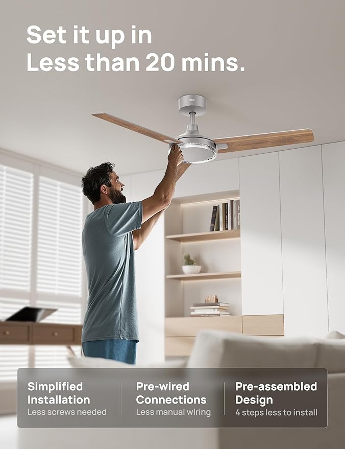 Dreo Smart Ceiling Fans with Lights, 52 Inch Grey Ceiling Fan, 12 Speeds & 3 Fan Modes, Stepless Color Tones, Dimmable LED Light, 1-12H Timer, Quiet DC Motor, Remote/APP/Alexa/Wall Switch Control
