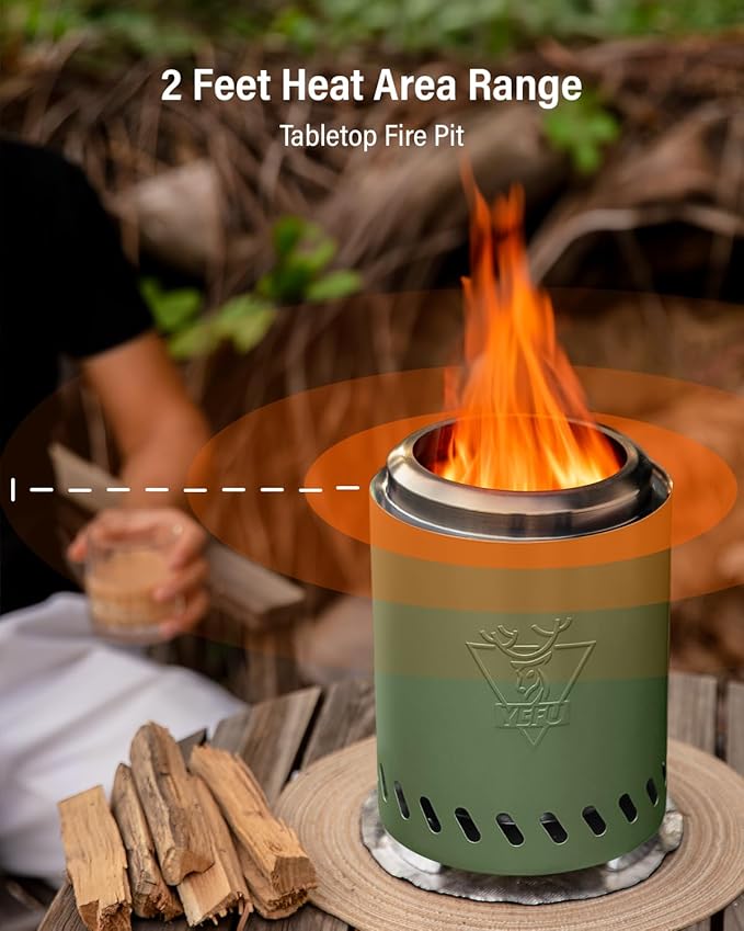 YEFU Tabletop Fire Pit 9.7 x 7.1 in, Low Smoke Camping Stove for Outdoor & Patio, Fueled by Pellets or Wood, Safe Burning Table Top Firepit, with Travel Bag & 2 Mini Sticks & Fireproof Mat, Green