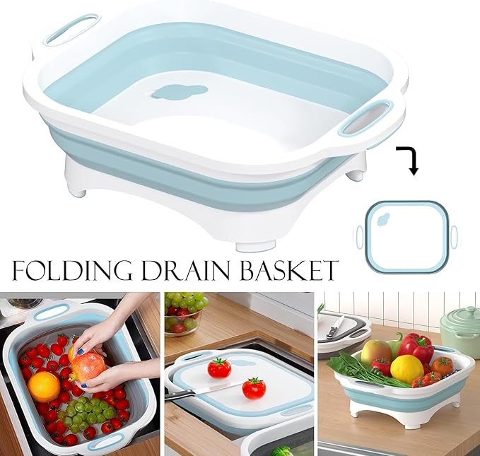 Collapsible Cutting Board,HI NINGER Camping cutting board with knife,Multifunctional Kitchen Vegetable Washing Basket Silicone Dish Tub for Camping Kitchen essentials/bbq prep tub/rv accessories