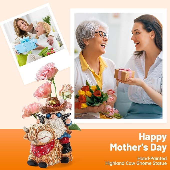 Solar Highland Cow Gnome Statue - Hand-Painted Resin Outdoor Decor for Garden & Yard, Unique Mothers Day Birthday Gifts for Grandma Women (Weatherproof)