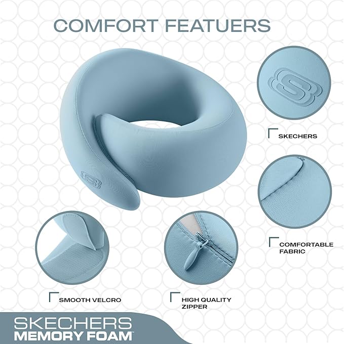 Skechers Memory Foam Travel Pillow,Comfortable & Breathable Airplane Travel Essential, Neck Pillow for Travel, Car Rides, Home, and Office Use, Ergonomic Design for Men and Women,Blue
