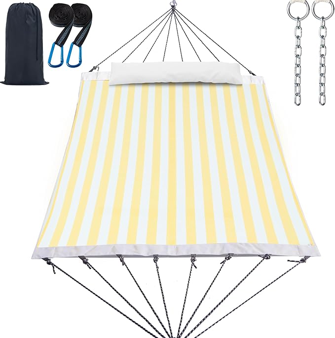 14ft Two Person Outdoor Hammock, Portable Camping with Folding Steel Spreader Bar, Carrying Bag, Carabiners, Tree Straps, Pillow & Sidebag, Quick Dry Textilene, 550 lbs Capacity (Lemon)
