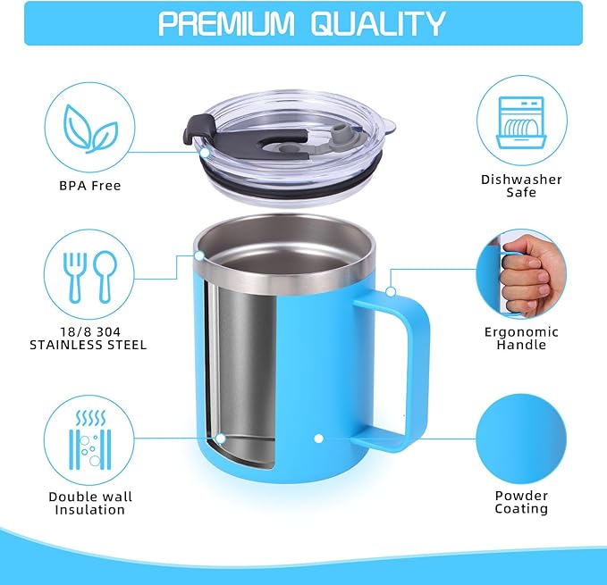 Volhoply 12oz Insulated Leakproof Coffee Mug with Flip & Straw Lid,Double Wall Vacuum Stainless Steel Travel Cafe Tumbler Cup with Handle,Reusable Camping Mugs Keep Cold/Hot(Blue,1 Set)