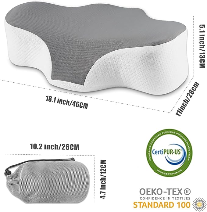 Bespilow Travel Pillow for Sleeping,Cervical Neck Support Pillow for Neck Pain Relief,Lightweight Ergonomic Memory Foam Camping Pillow,Portable Contour Pillows w/Travel Storage Bag,Cooling Cover