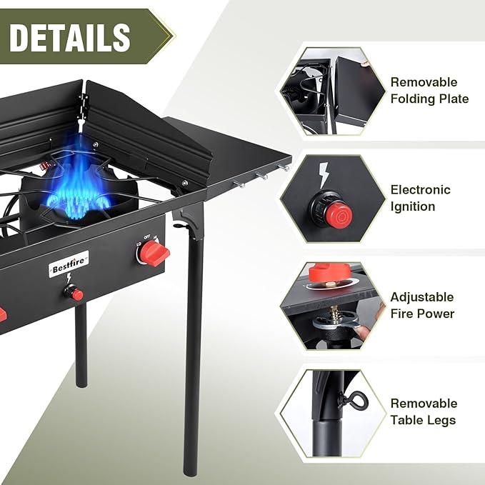 Bestfire 2 Burner Camping Stove with Windpanel& Side Shelves, Bag, Auto Ignition Button,Regulator,150,000 BTU Camping Stove Propane Burner With Removable Legs for Outdoor BBQ&Backyard