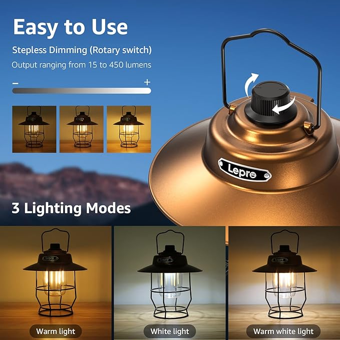 Lepro Vintage LED Camping Lantern Rechargeable, Power Bank, Christmas Decorations, Retro Style, Classic Railroad Lantern with Dimmable Control, Portable Hanging Tent Light for Camping, Power Outages