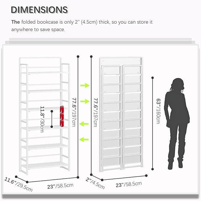 4NM No-Assembly 6 Tiers Folding Bookshelf Storage Shelves Vintage Bookcase Standing Racks Study Organizer Home Office (All White)