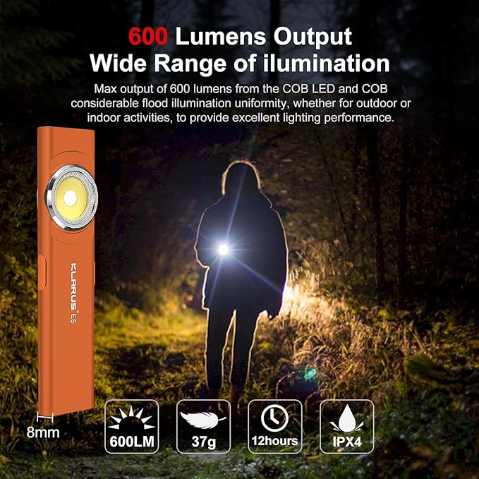 klarus E5 2Pcs Pocket Flashlight, Rechargeable EDC Flashlight, Super Slim 4.2x1x0.3inch, 600 Lumens, USB-C Port, IPX4, Dual Light Source with Magnetic Base, Hat & Clothes Clip