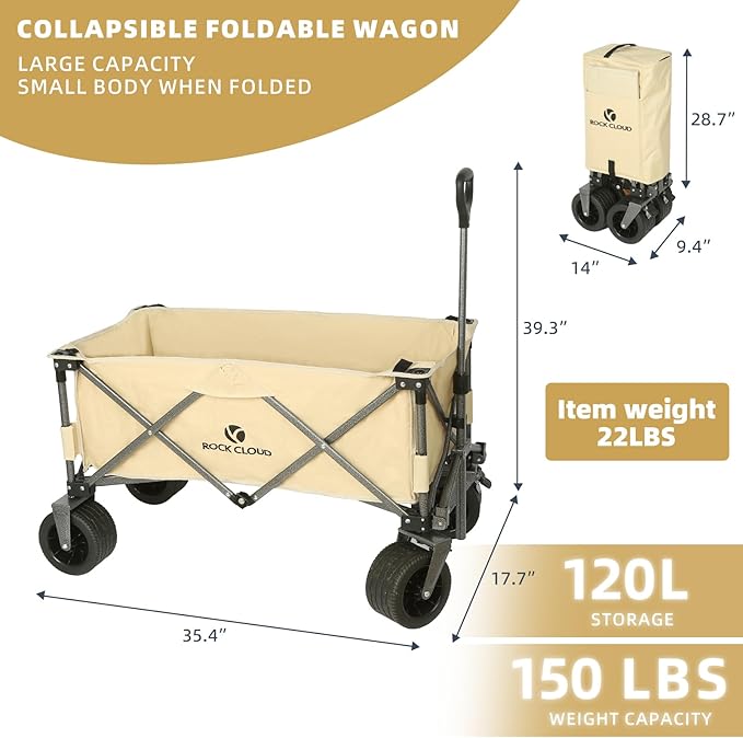 ROCK CLOUD Folding Wagon Cart Utility Outdoor Camping Carry Cart Heavy Duty Portable Collapsible Garden Cart with Universal Wheels and Adjustable Handle for Outdoor Camping Beach Sports