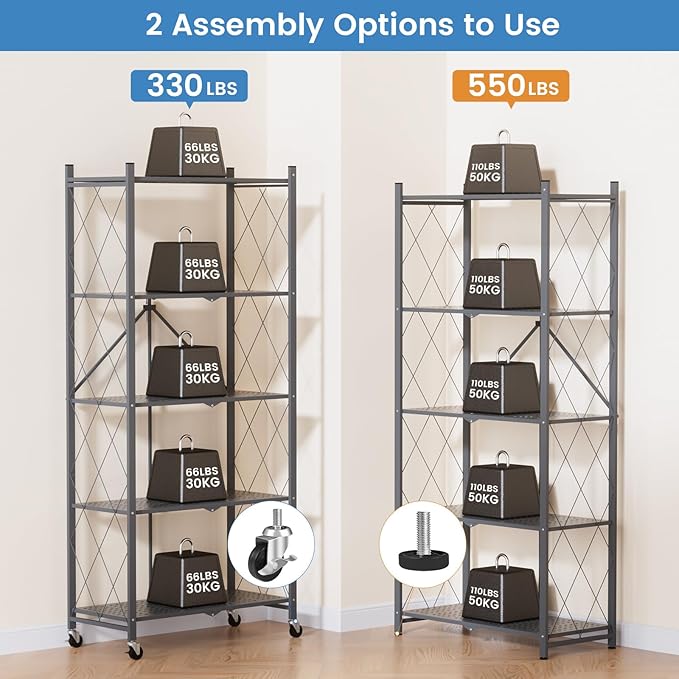 ALANNG 70.7" H Metal Storage Shelves, 5 Tier Folding Shelf on Wheels, Heavy Duty, No Assembly, Rolling, Collapsible Rack Unit for Kitchen, Basement, Pantry (Gray,3 Pack)